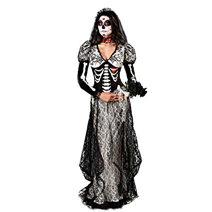 NonEcho Women's Skeleton Bones Ghost Bride Dress Adult Halloween Costume Bone Suit Party Stage Cosplay