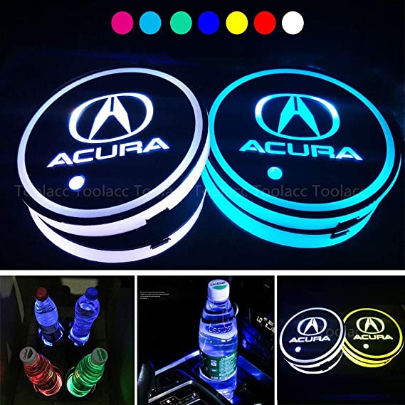 Toolacc LED Car Cup Holder Lights, 2 Pcs 68 mm Car Logo Cup Coaster with Switchable 7 Colors USB Charging Mat, Waterproof Luminescent Cup Pad Interior Atmosphere Lamp Decoration Lights (Acura)