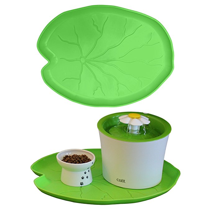 Premium Pet Food Tray - Dog And Cat Food Mat With Green Leaf Design - Best For Catit And Drinkwell Fountains