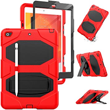 iPad 7th Generation Case with Pencil Holder, iPad 10.2 Case 2019,Hybrid Shockproof Rugged Drop Protection Cover with Stand,Built-in Screen Protector for iPad 7th Generation A2197/A2198/A2200 (Red)