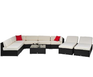 Outsunny 9pc Outdoor Patio Rattan Wicker Sofa Sectional & Chaise Lounge Furniture Set - Coffee and Cream