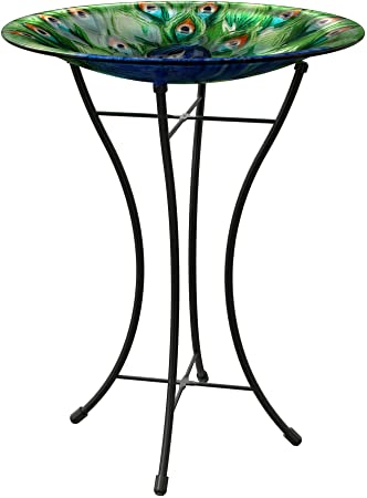 Panacea 82905 16 in. Peacock Glass Bird Bath with Stand