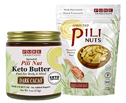 Pili Nut Keto Butter, Dark Cacao (4 oz) plus Sprouted Pili Nuts, Himalayan Salt (1.7 oz)