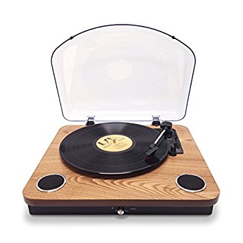 Photive Spin Vinyl Record Player with Built-in Speakers | 3-Speed Stereo USB Turntable Supports Vinyl to MP3 Recording | Bluetooth and RCA Connectivity (Natural Wood)