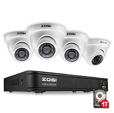 ZOSI 8 Channel HD-TVI 1080p CCTV Camera Security System,1080p 4-in-1 Surveillance DVR Recorder with 1TB HDD and (4) 2.0MP 1920TVL Outdoor/Indoor Day Night Vision Security Cameras