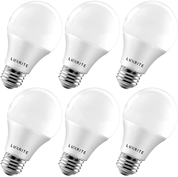 Luxrite A19 LED Bulb 60W Equivalent, 5000K Bright White, 800 Lumens, Dimmable Standard LED Light Bulbs 9W, Enclosed Fixture Rated, Energy Star, E26 Medium Base - Indoor and Outdoor (6 Pack)