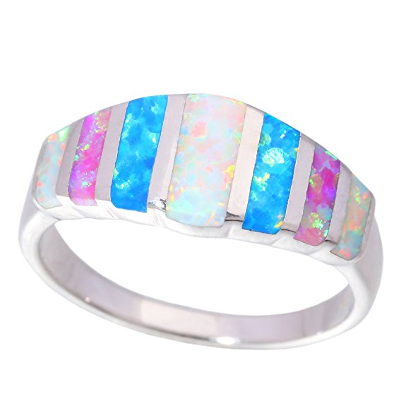CiNily White Blue Pink Fire Opal Rhodium Plated Women Jewelry Gemstone Ring Size 5-13