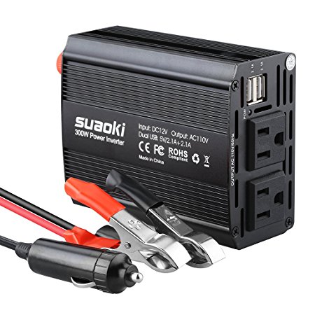 Suaoki Car Power Inverter 300W DC 12V to 110V AC Converter with 5V/2.1A Dual USB Ports, Car Battery Clamps and Car Charger for Charging Electronic Devices and Small Home Appliances