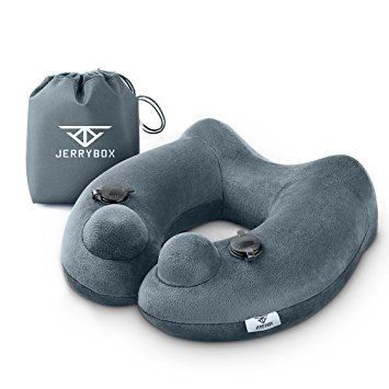 Travel Pillow of 2017, Jerrybox flight pillow 10s World Fastest Inflatable Neck Pillow with 2 Airbag for Neck Supporting,Bone-Shaped，Height-adjustable，320 g, Support Head and Chin（Velvet Grey）