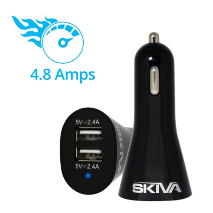 Skiva PowerFlow Duo C-3 (4.8 Amps / 24 Watt / Fastest) Car Charger with Two Universal USB Charging Ports for iPhone 6s 6sPlus 6 6Plus 5s 5c, iPad Pro Air mini, Galaxy S6 Edge  and more [Model:AC116]