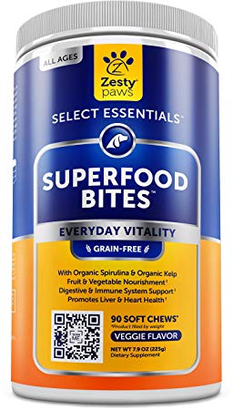 Superfood Chewable Treats for Dogs - Grain Free Fruit & Veggies Dog Supplement - Spirulina, Pumpkin, Coconut Oil and Kelp - Vitamins, Antioxidants & Omega 3 6 9 - Digestive & Immune Support - 90 Count