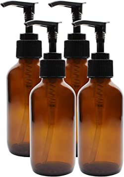 Cornucopia Brands 4oz Amber Glass Pump Bottles (4-Pack); Great for Lotions, Liquid Soap, Aromatherapy and More