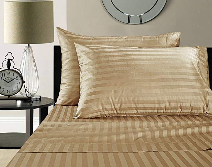 Queen Sleeper Sofa Sheet Set (62"x 74"+ 6" Deep) - Stripe Beige 600 Thread Count 100% Cotton by American Bed Sheet