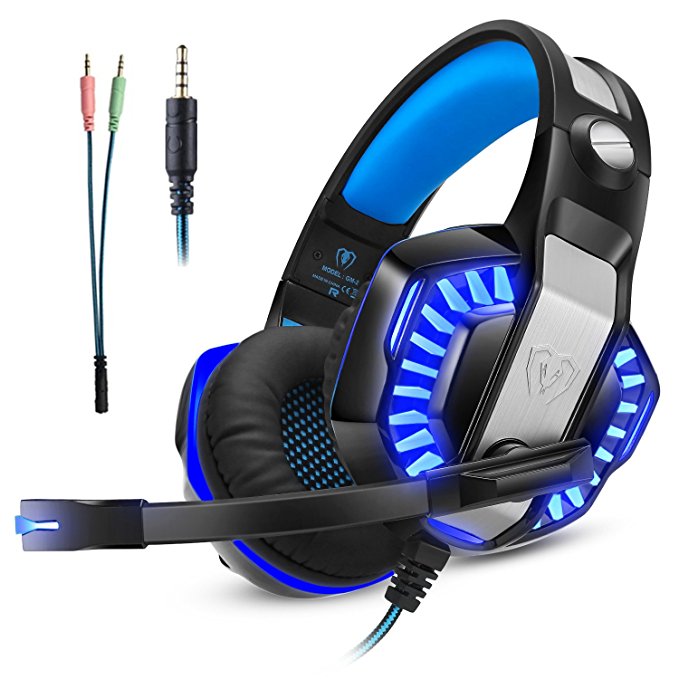 Gaming Headset for Xbox One Ps4, Gamer Headphone with Mic, Over Ear Bass Stereo, Noise Reduction Microphone, LED Light and Volume Control for PC, Nintendo Switch/3DS, Laptop, Mac, Pad, Smartphone