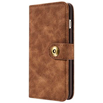 Leather Wallet Phone Case iPhone 6 / 6S Brown, Premium Flip Wallet Case Cover With Detachable Magnetic Hard Case