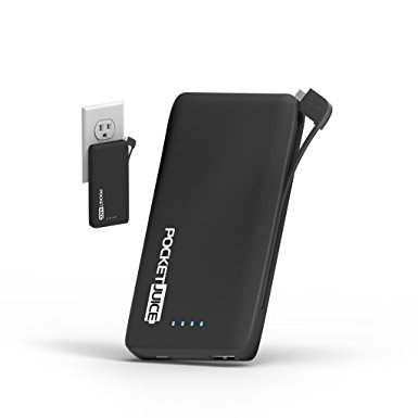 Black Mini Portable Charger - 6,000mAh External Battery Pack - Ultra Slim and Light with Built-in AC Plug and Micro USB Cable - Charges iPhone, Android and More - Pocket Juice by Tzumi