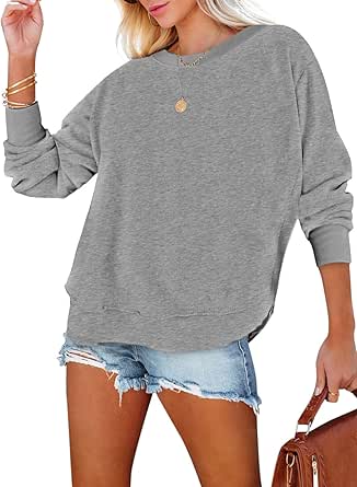 EVALESS Sweatshirt for Women Casual Solid Color Crewneck Long Sleeve Side Split Tunic Tops Loose Fit Pullover