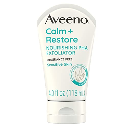 Aveeno Calm   Restore Nourishing PHA Facial Exfoliator Daily for Sensitive Skin, Fragrance-Free & Non-Abrasive Oat Formula to Gently Exfoliate & Cleanse Skin, Hypoallergenic, 4 fl. Oz