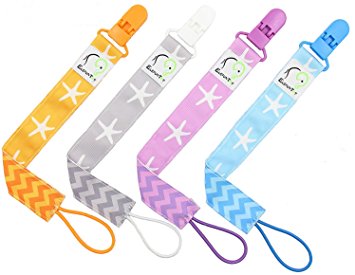 4 PACIFIER CLIP HOLDER SET By Elefuntot | Stylish Binky Clip Keeps Dummy Sanitary Secure & Safe From Falling, Chevron & Starfish Design, Unique Gift, Guaranteed
