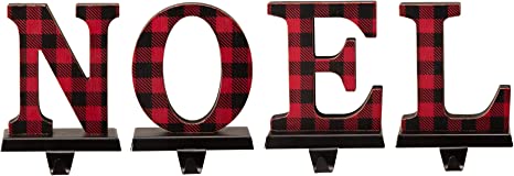 glitzhome Set of 4 Christmas Stocking Holders Red and Black Buffalo Plaid Solid Rubberwood Noel Xmas Stocking Hangers Decorative Fireplace Mantle Stocking Holders Seasonal Decor, 6.89" H