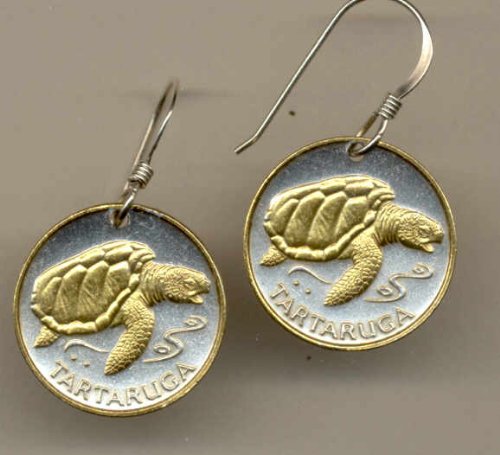 Gorgeous 2-Toned   Gold on Silver  Cape Verde   Sea Turtle  Coin - Earrings