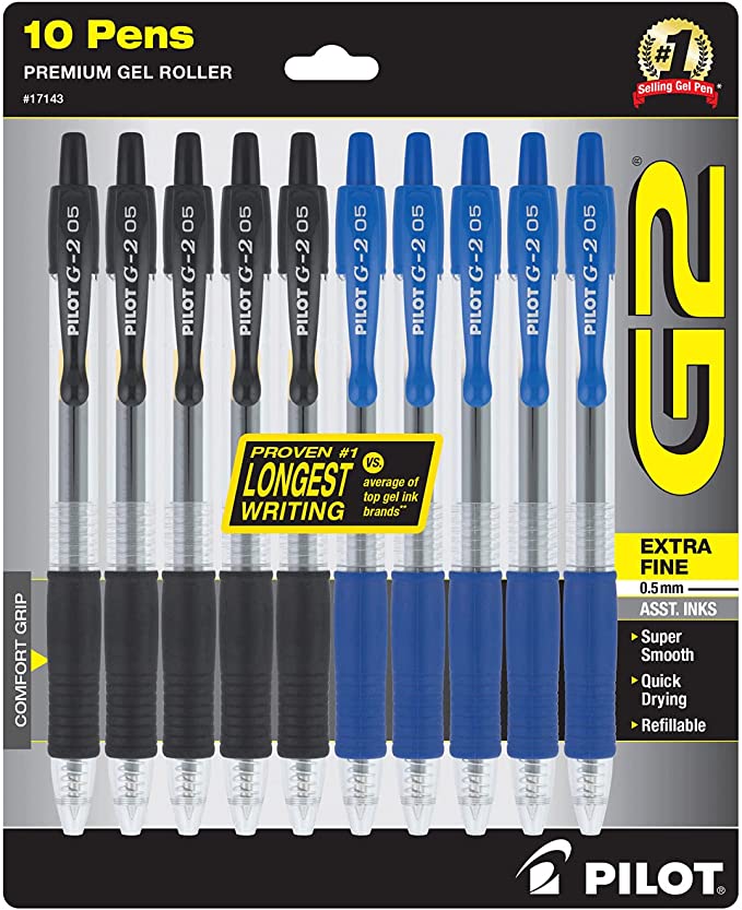 PILOT G2 Pens .5 mm - 10 Pack (5 Black and 5 Blue G2 pens included) Premium Gel Ink Pens Extra Fine Point 0.5 mm Refillable & Retractable Rolling Ball,