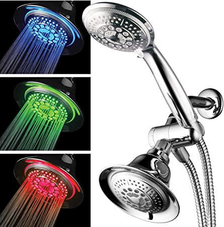 Hotel Spa Shower Combo with LED Shower Head. High-Performance 2 in 1 Combination Shower System Use Overhead Hands-Free Enjoy Regular or LED Shower Pampering Shower Heads and Ambiance of LED Lighting