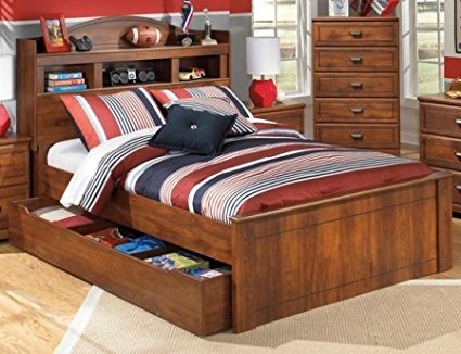 Signature Design by Ashley B228508784B10012 Barchan Collection Full Size Panel Bed with Footboard, Headboard, Roll Out Slat and Underbed Storage with Side Rail in Warm Brown