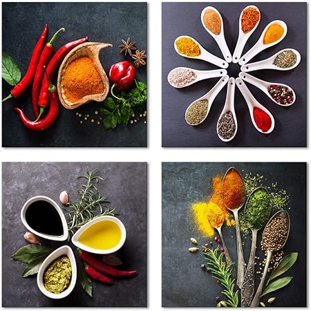 Pyradecor 4 Pieces Colorful Spices and Spoon Vintage Canvas Prints Still Life Paintings Pictures Canvas Wall Art for Living Rome Home Kitchen Decorations AH4090-3030