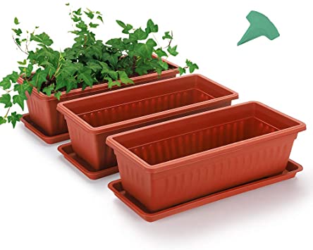 GROWNEER 3 Packs 15 Inches Terracotta Color Flower Window Box Plastic Vegetable Planters with 15 Pcs Plant Labels, for Windowsill, Patio, Garden, Home Décor, Porch