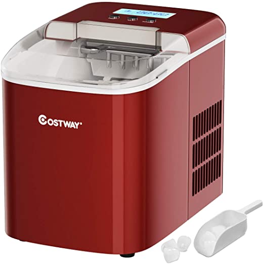 COSTWAY Countertop Ice Maker, 26LBS/24H with Self-clean Function, LCD Display, 9 Bullet Ice / 7 Mins, Portable and Compact Ice Machine with Ice Scoop, for Homes, Offices, Restaurants, Bars, Red