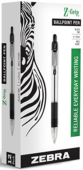 Zebra Z-Grip Retractable Ballpoint Pen, 1.0 mm, Black Ink, Clear Barrel, Box of 12 (22210)