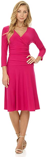 Rekucci Women's Slimming 3/4 Sleeve Fit-and-Flare Crossover Tummy Control Dress