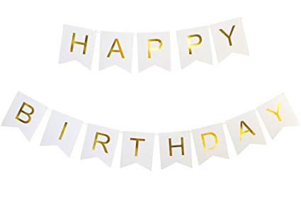Peicees White Happy Birthday Bunting Banner with Gold Letters