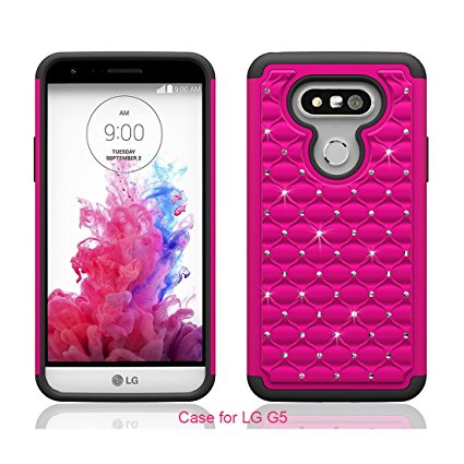 Berry Accessory(TM) Studded Rhinestone Crystal Bling Hybrid [ Dual Layer ] Armor Case Cover for LG G5 (2016) With Berry logo stand holder (Hot Pink / Black)