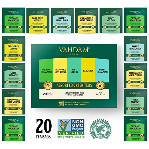 VAHDAM, Green Tea Sampler, 5 TEAS - Tea Variety Pack | Assorted Green Tea Bags | Organic Green Tea, Mint, Earl Grey, Chamomile Tea Bags | 20 Ct | Tea Gift Set & Tea Gift for Tea Lovers