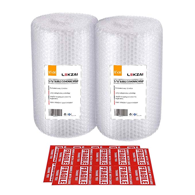 Lekzai Bubble Cushioning Wrap Rolls, 12 Inch x 72 Feet (2 Roll), Perforated Every 12" for Packaging, 3/16" Small Bubble, Pack of 2.