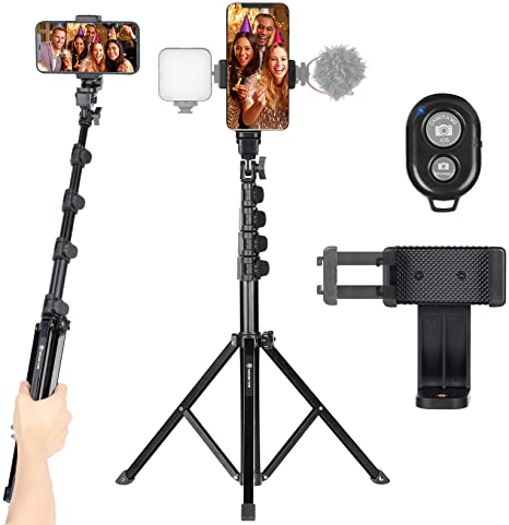 TARION Phone Tripod Stand 65.3" Mobile Selfie Stick Tripod with Remote Bluetooth Phone Holder Travel Lightweight Smartphone Tripod Stand for Cell Phone Compact Camera Ring Light