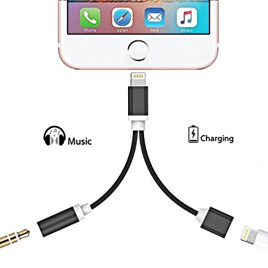 2 in 1 Lightning Charger Adapter, iPhone 7 Plus Headphones Adapter,Charger Adapter- Lightning to 3.5mm Aux Headphone Jack Audio Adapter for iphone 7/7 Plus (Black)
