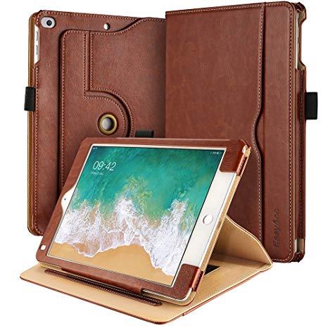 iPad 9.7 2018/ 2017 Case, EasyAcc 360 Degree Rotating and Document Card Slots Case with Multi-angle Stand Function / Auto Wake/ Sleep PU Leather Cover for iPad 2018 / 2017 9.7 inch/ iPad Air/ iPad Air 2 - Brown