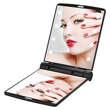 Mini Travel Mirror YUSONG Portable Folding Makeup Cosmetic Mirror Travel Pocket Compact Size Lighted with 8 Bright LED Lights (Black)