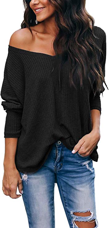 iGENJUN Women's Casual V-Neck Off-Shoulder Batwing Sleeve Pullover Sweater Tops