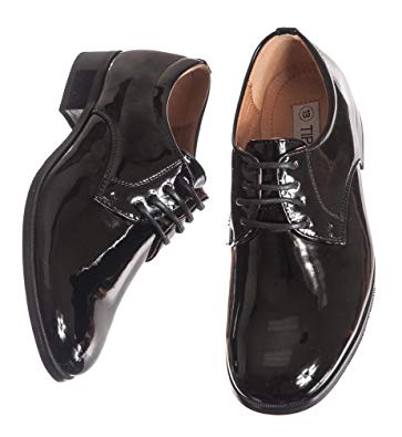 Lito Boys Shiny Black Tuxedo Shoes, Round Toe Style in Infant to Boys Sizes
