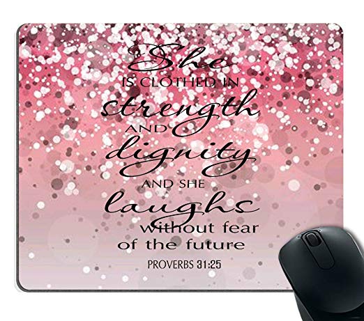Smooffly Proverbs 31:25 Mouse Pad,Bible Verse Pink Sparkles Glitter Pattern Mouse Pad