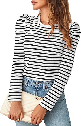 MEROKEETY Women's Puff Long Sleeve Striped Tops Crew Neck 2024 Fall Casual Knit Basic Tee Shirts