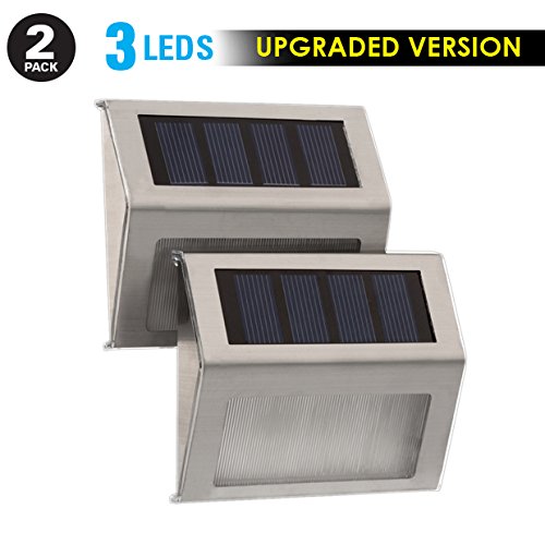 Humabuilt 3 LED Solar Powered Stainless Steel Stairway Lights. *Bright/Cool White Light* - Modern Lighting For Your Deck, Staircase, Walkway, Patio, Garden, and Landscaping - 2 Pack