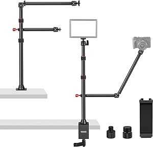 NEEWER Camera Desk Mount Stand with Two Auxiliary Holding Arms, Overhead Camera Mount Tabletop C Clamp 360° Swivel Ball Head for DSLR, Webcam, Photography, Videography, Live Streams, Zoom Calls, Red