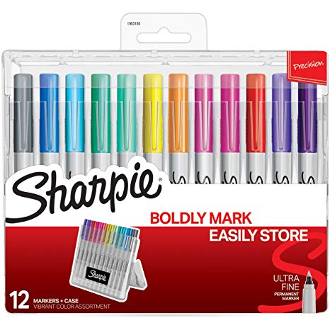 Sharpie Permanent Markers with Storage Case, Ultra Fine Point, Vibrant Colors, 12 Count