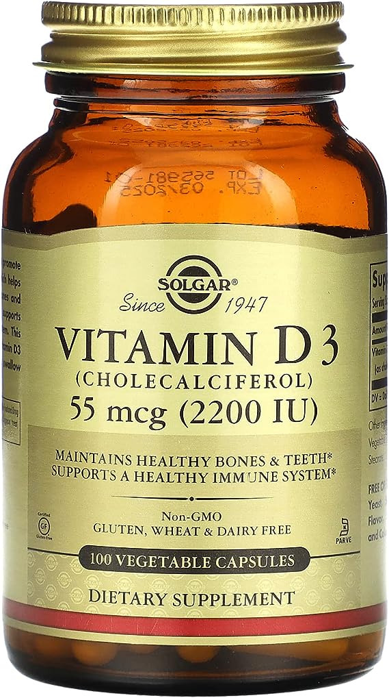 Solgar - Vitamin D3 (Cholecalciferol) 2,200 IU, 100 Vegetable Capsules (FFP)