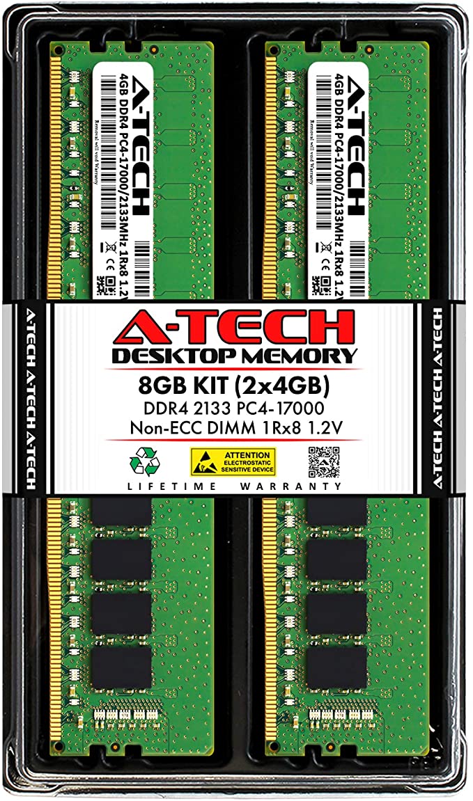 A-Tech 8GB (2x4GB) DDR4 2133MHz DIMM PC4-17000 1Rx8 Single Rank 1.2V CL15 288-Pin Non-ECC UDIMM Desktop RAM Memory Upgrade Kit